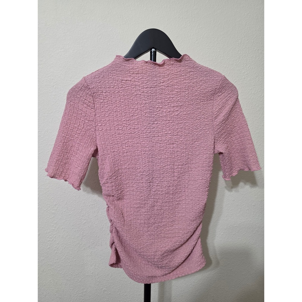 A New Day Pink Textured Bubble Crepe Mock Neck Ruched Top XS NWT